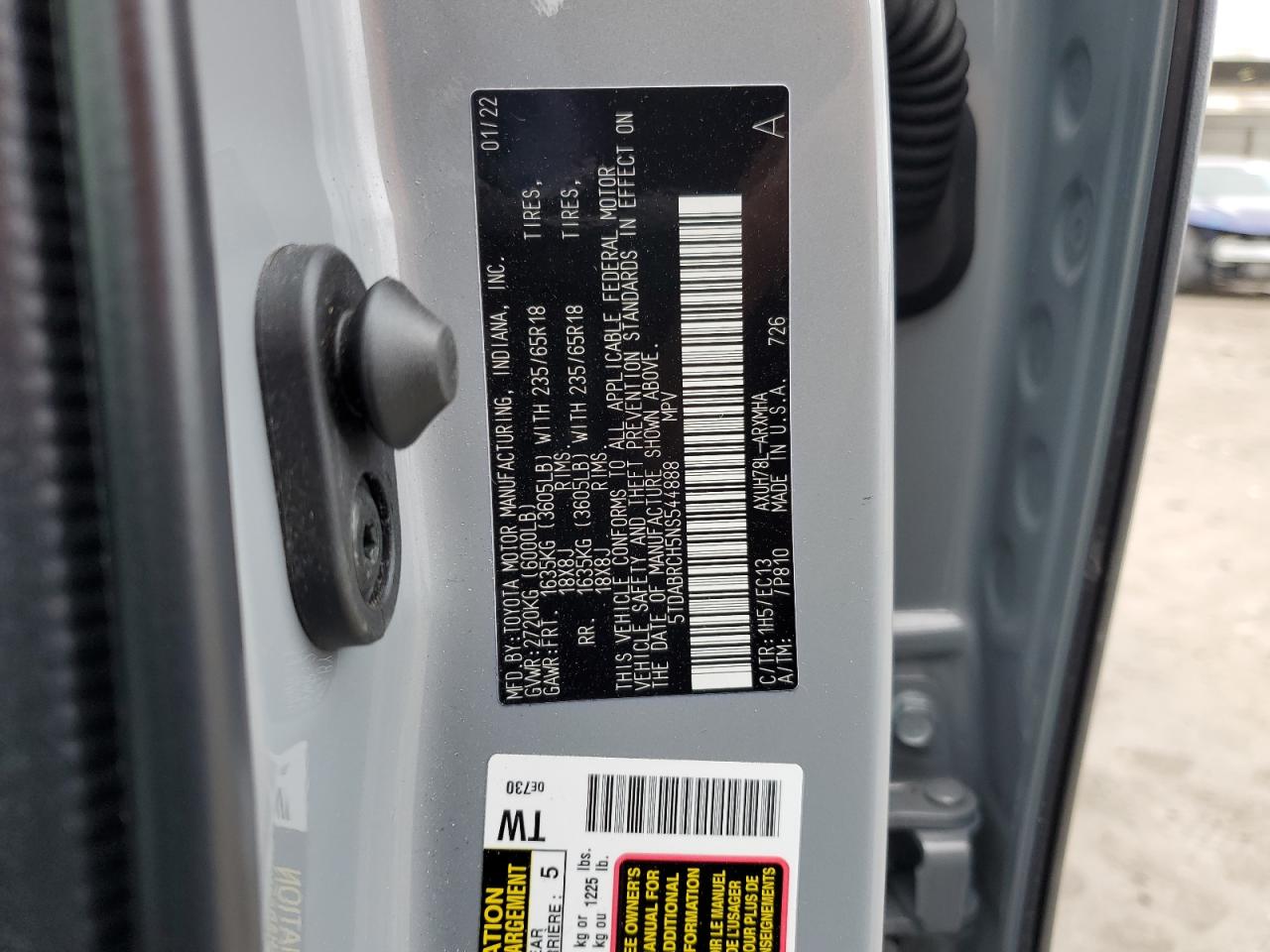 2022 TOYOTA HIGHLANDER HYBRID XLE VIN:5TDABRCH5NS544888