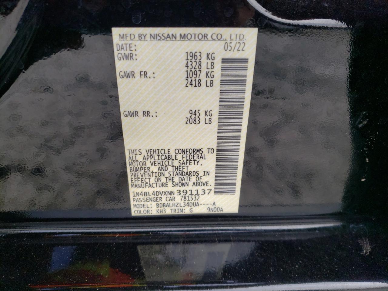 2022 NISSAN ALTIMA SV VIN:1N4BL4DVXNN391137