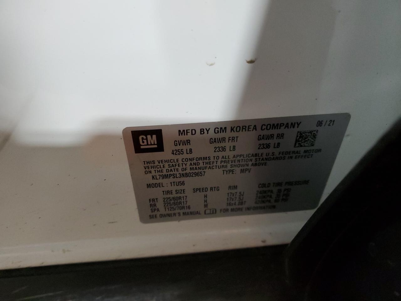 2022 CHEVROLET TRAILBLAZER LT VIN:KL79MPSL3NB029657