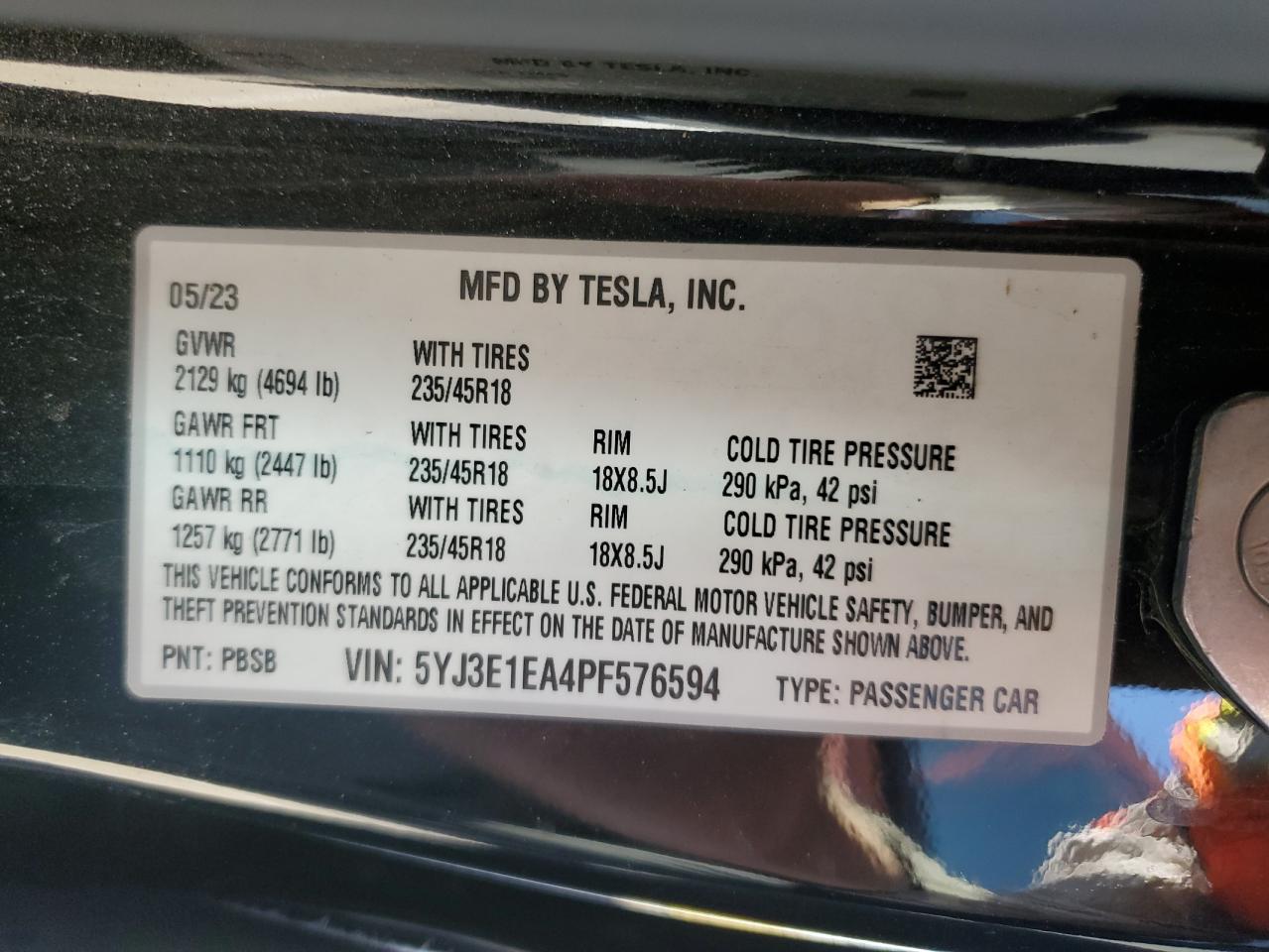 2023 TESLA MODEL 3  VIN:5YJ3E1EA4PF576594