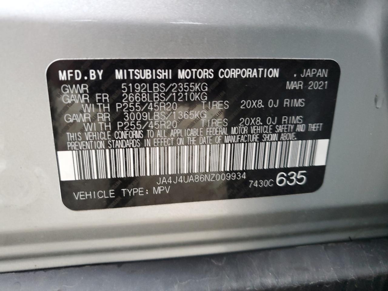 2022 MITSUBISHI OUTLANDER SE VIN:JA4J4UA86NZ009934