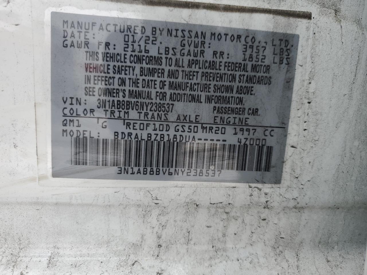 2022 NISSAN SENTRA S VIN:3N1AB8BV6NY238537