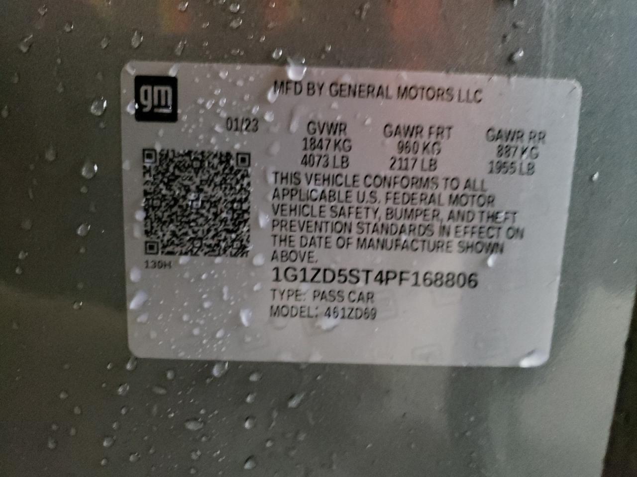 2023 CHEVROLET MALIBU LT VIN:1G1ZD5ST4PF168806