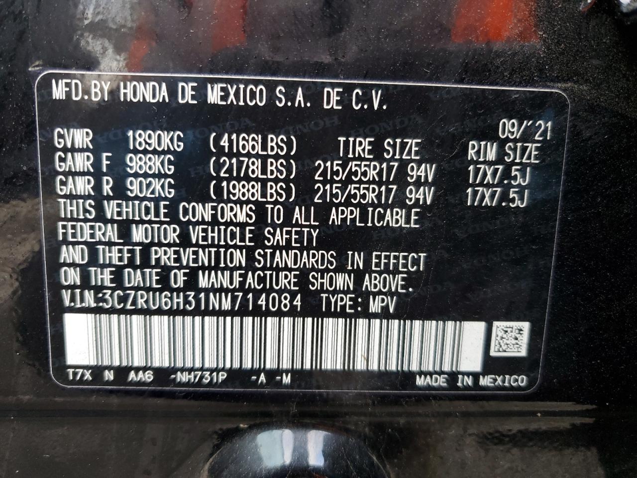 2022 HONDA HR-V LX VIN:3CZRU6H31NM714084