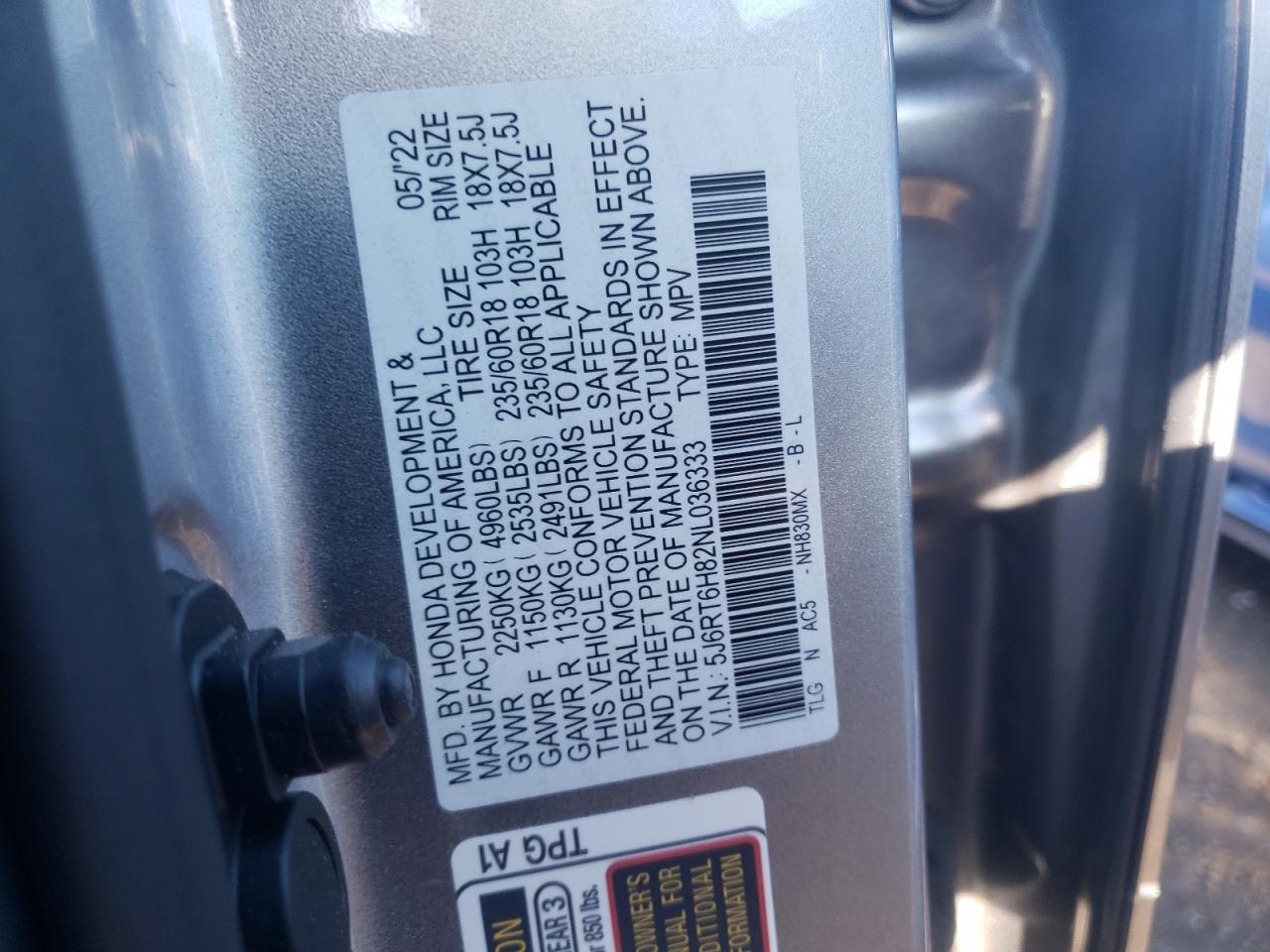 2022 HONDA CR-V EXL VIN:5J6RT6H82NL036333
