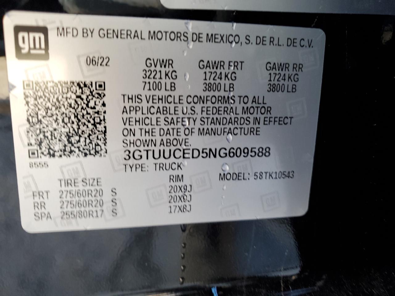 2022 GMC SIERRA K1500 ELEVATION VIN:3GTUUCED5NG609588