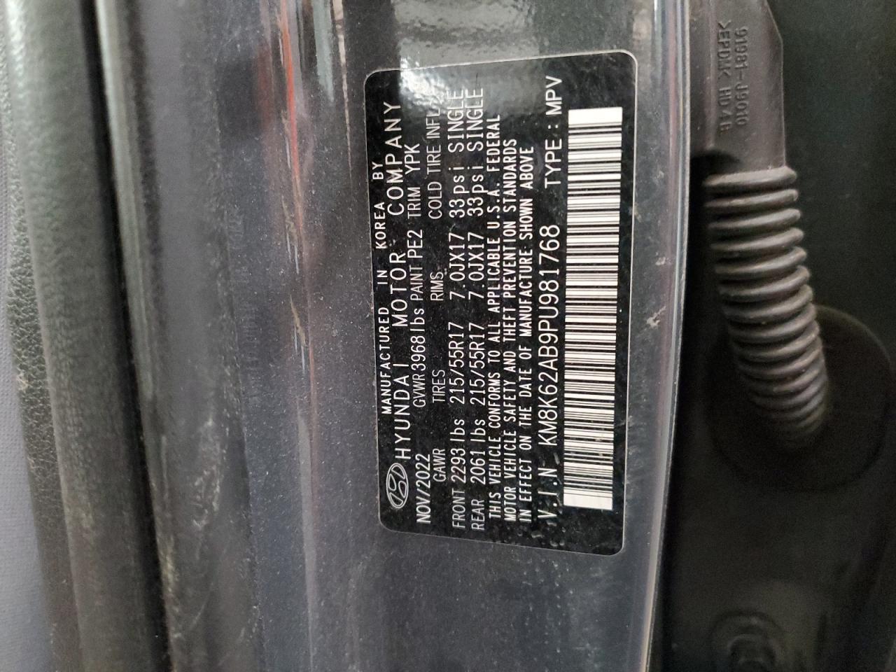 2023 HYUNDAI KONA SEL VIN:KM8K62AB9PU981768