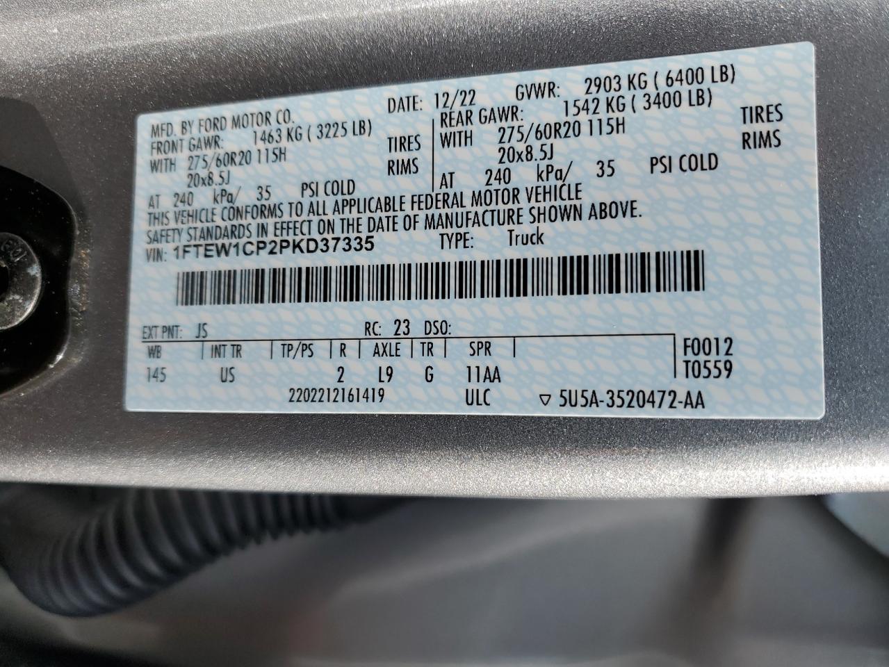 2023 FORD F150 SUPERCREW VIN:1FTEW1CP2PKD37335