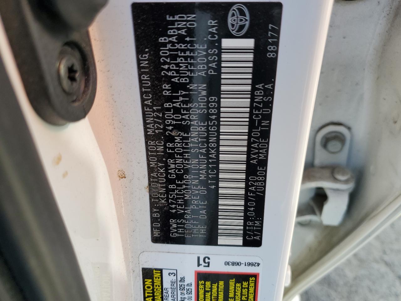 2022 TOYOTA CAMRY LE VIN:4T1C11AK8NU654899