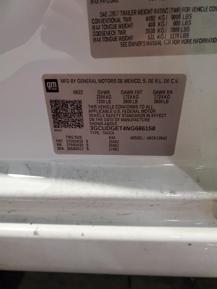 2022 CHEVROLET SILVERADO K1500 LTZ VIN:3GCUDGET4NG686158