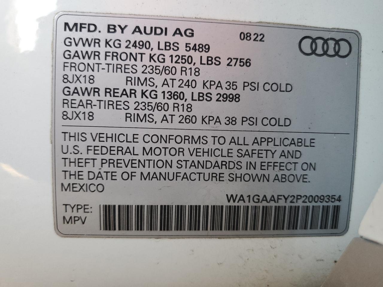 2023 AUDI Q5 PREMIUM 45 VIN:WA1GAAFY2P2009354