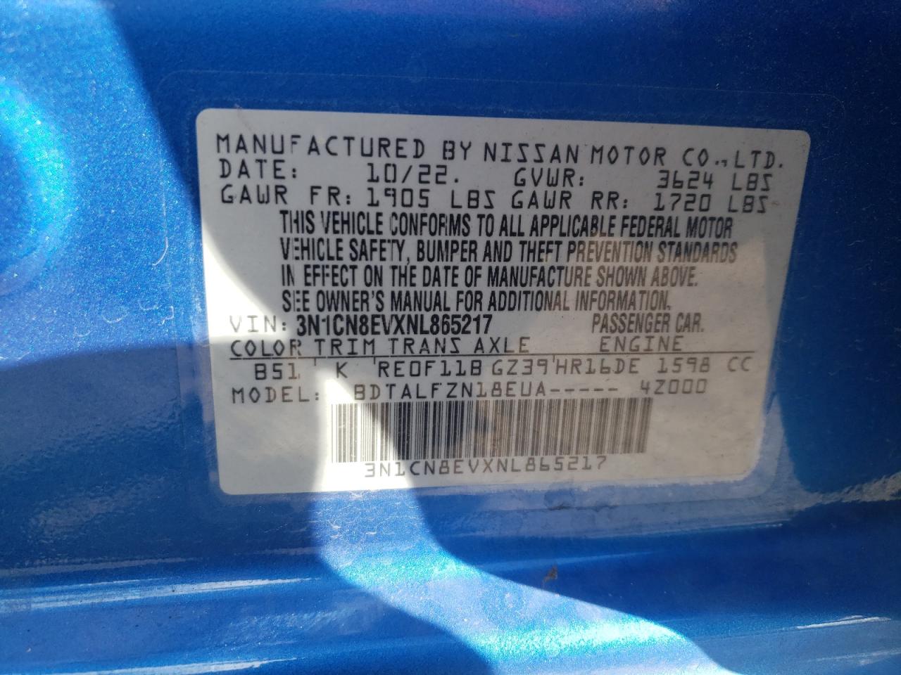 2022 NISSAN VERSA SV VIN:3N1CN8EVXNL865217