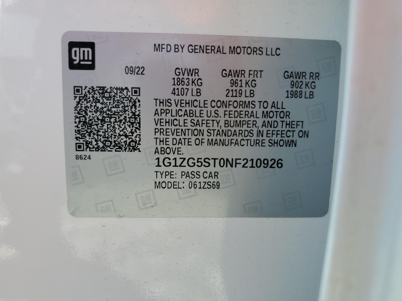 2022 CHEVROLET MALIBU RS VIN:1G1ZG5ST0NF210926