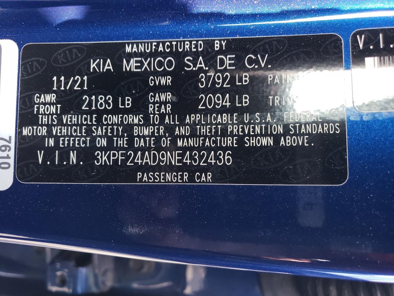 2022 KIA FORTE FE VIN:3KPF24AD9NE432436