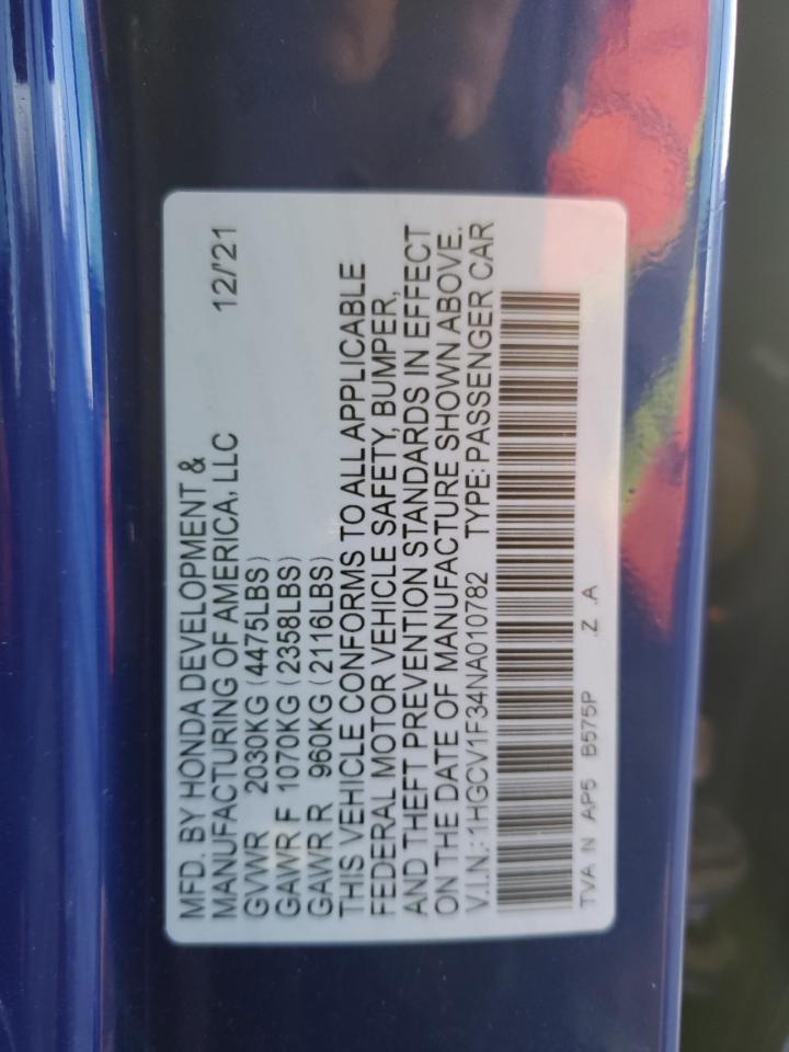 2022 HONDA ACCORD SPORT VIN:1HGCV1F34NA010782