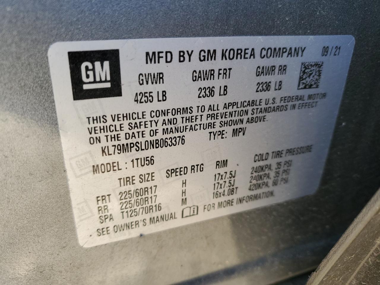 2022 CHEVROLET TRAILBLAZER LT VIN:KL79MPSL0NB063376