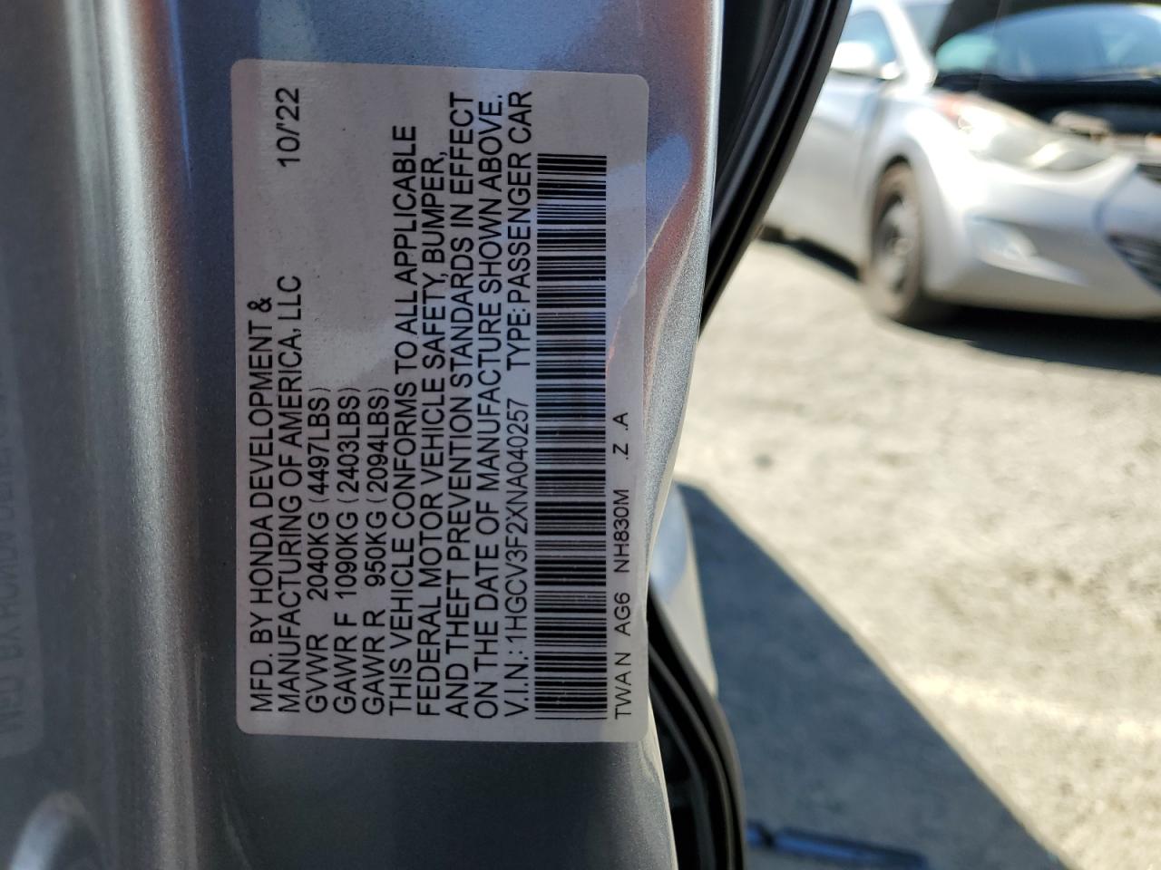 2022 HONDA ACCORD HYBRID SPORT VIN:1HGCV3F2XNA040257