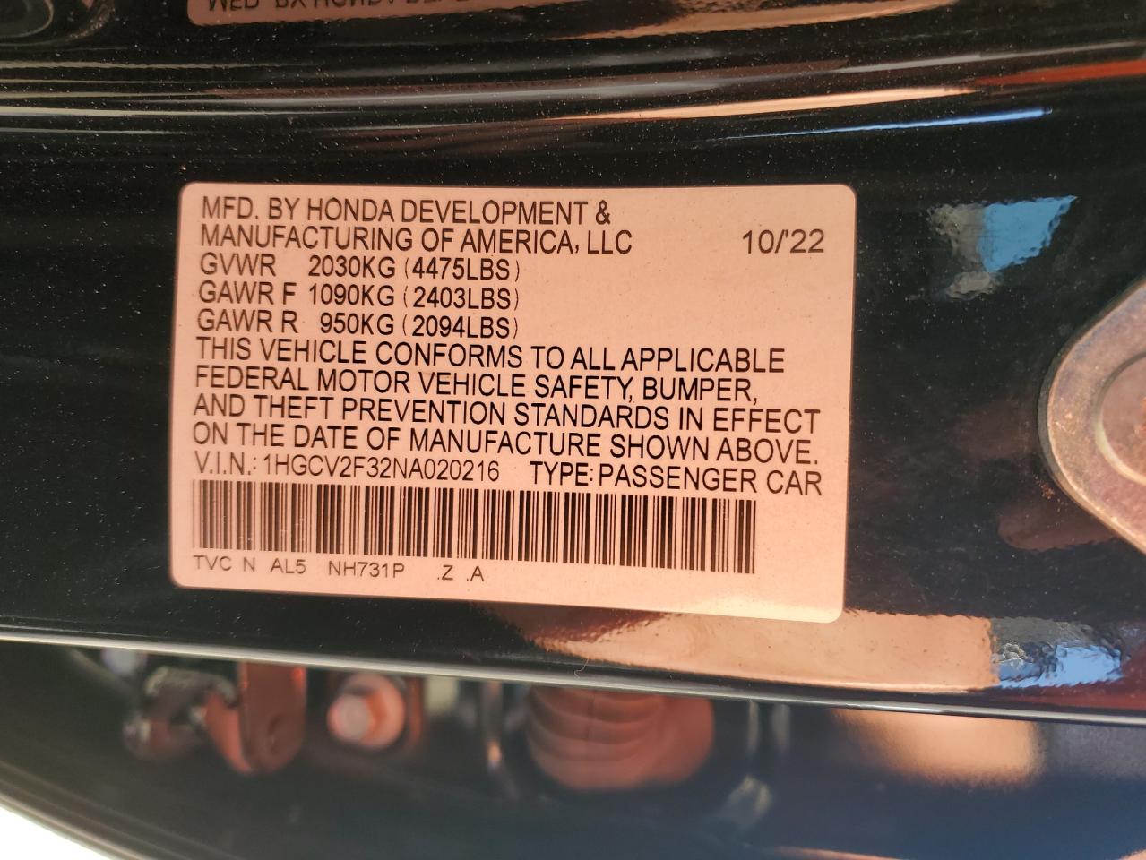 2022 HONDA ACCORD SPORT VIN:1HGCV2F32NA020216