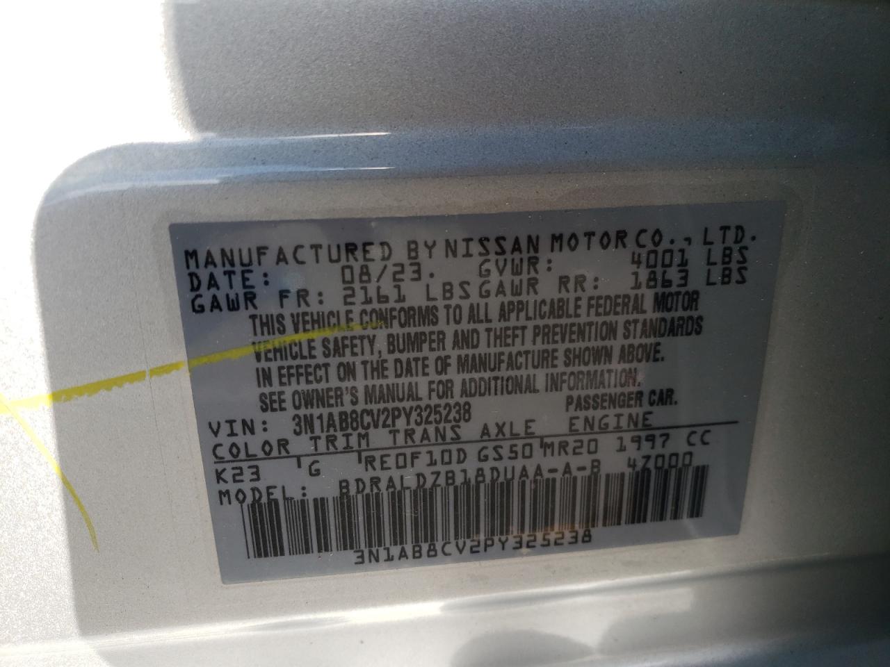 2023 NISSAN SENTRA SV VIN:3N1AB8CV2PY325238