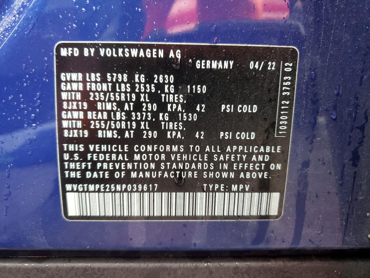 2022 VOLKSWAGEN ID.4 PRO S VIN:WVGTMPE25NP039617