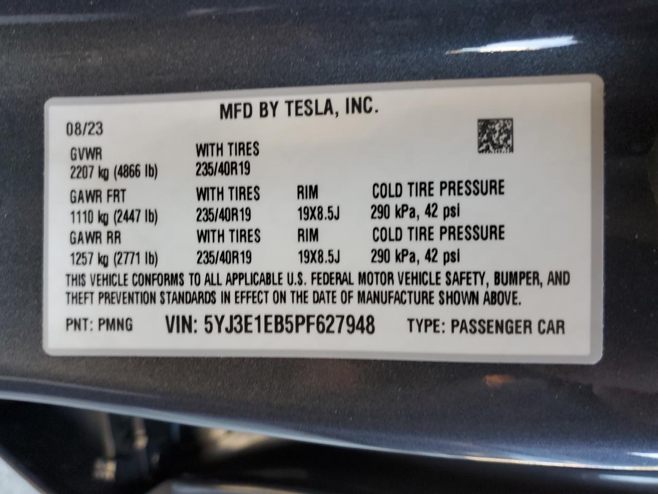 2023 TESLA MODEL 3  VIN:5YJ3E1EB5PF627948