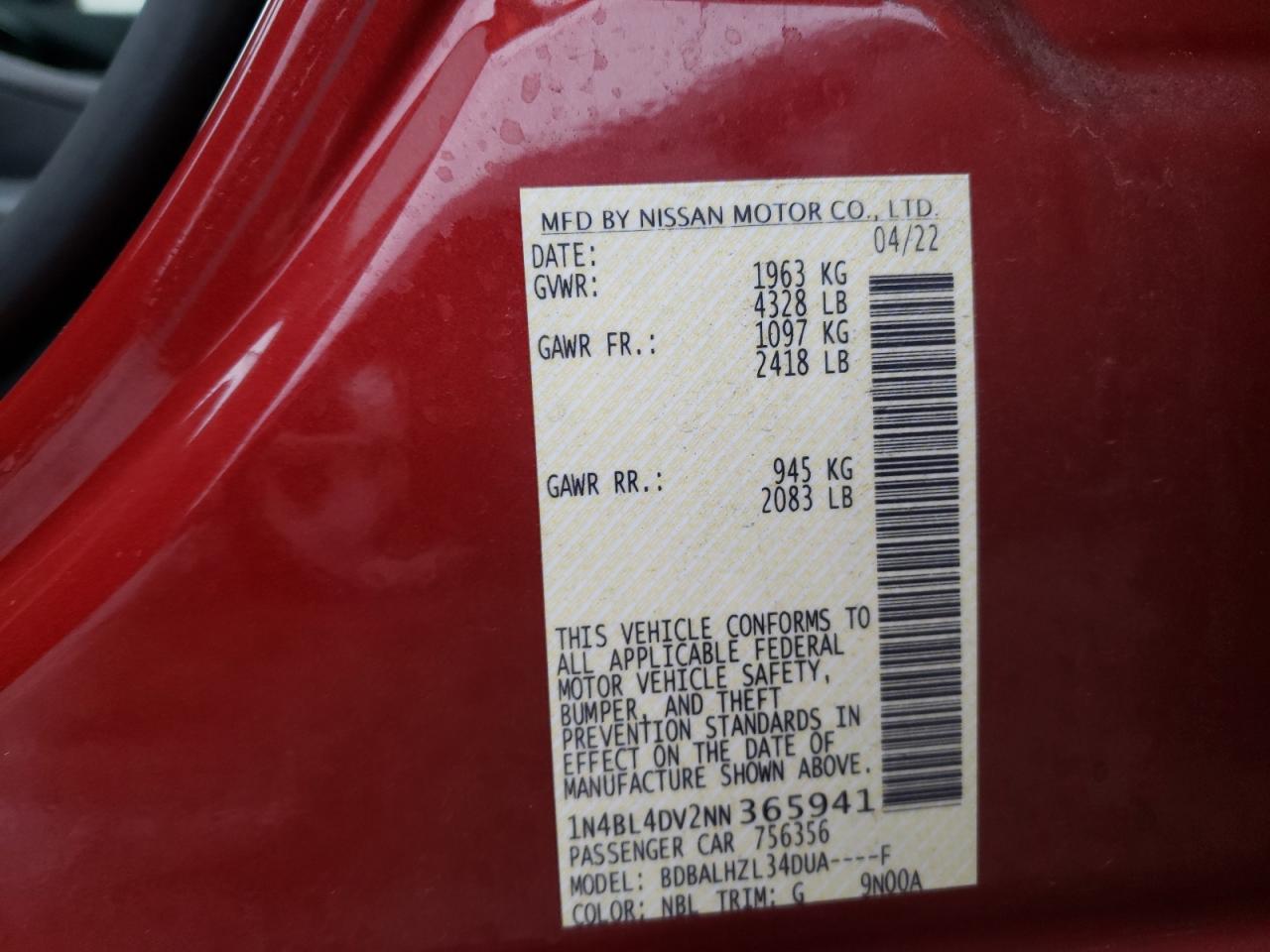 2022 NISSAN ALTIMA SV VIN:1N4BL4DV2NN365941