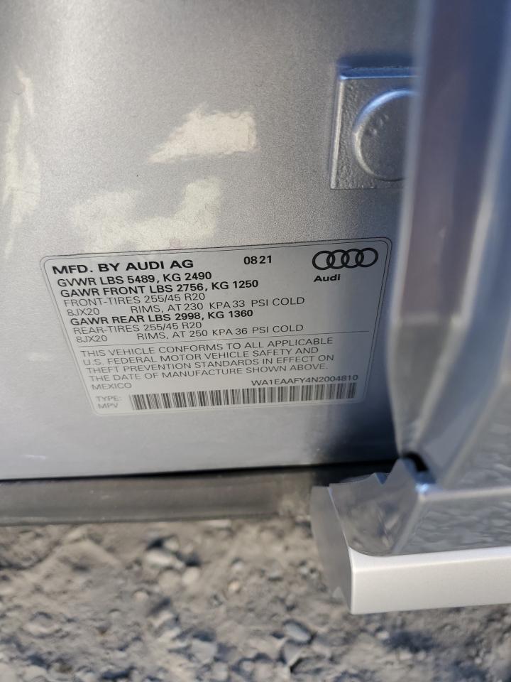 2022 AUDI Q5 PREMIUM PLUS 45 VIN:WA1EAAFY4N2004810