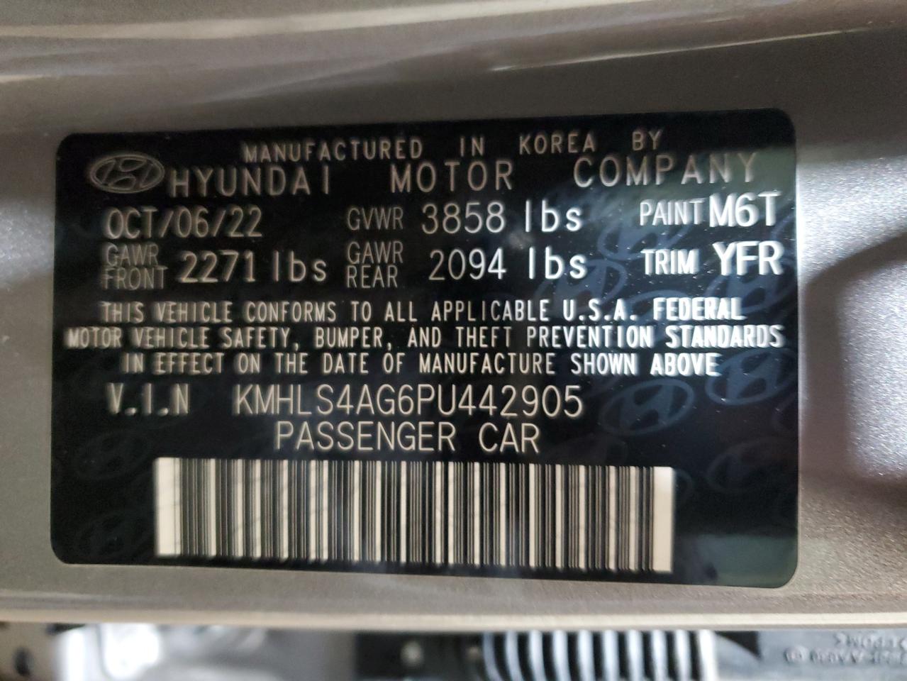 2023 HYUNDAI ELANTRA SEL VIN:KMHLS4AG6PU442905