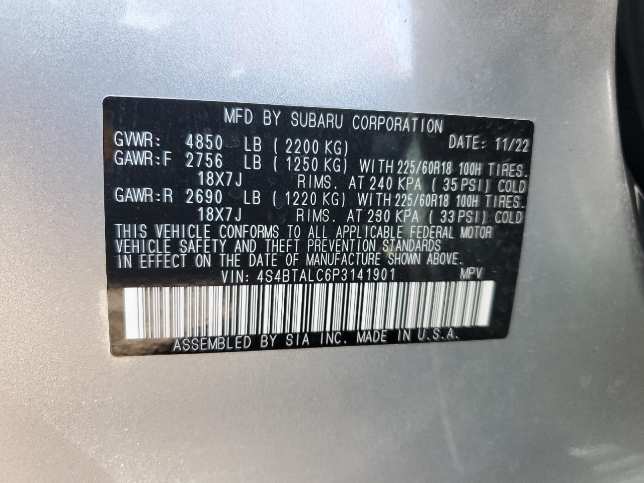 2023 SUBARU OUTBACK ONYX EDITION VIN:4S4BTALC6P3141901