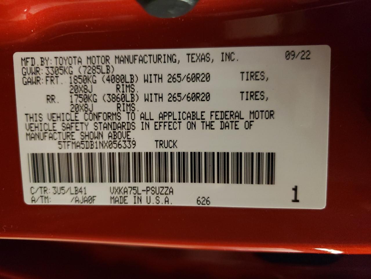 2022 TOYOTA TUNDRA CREWMAX PLATINUM VIN:5TFMA5DB1NX056339