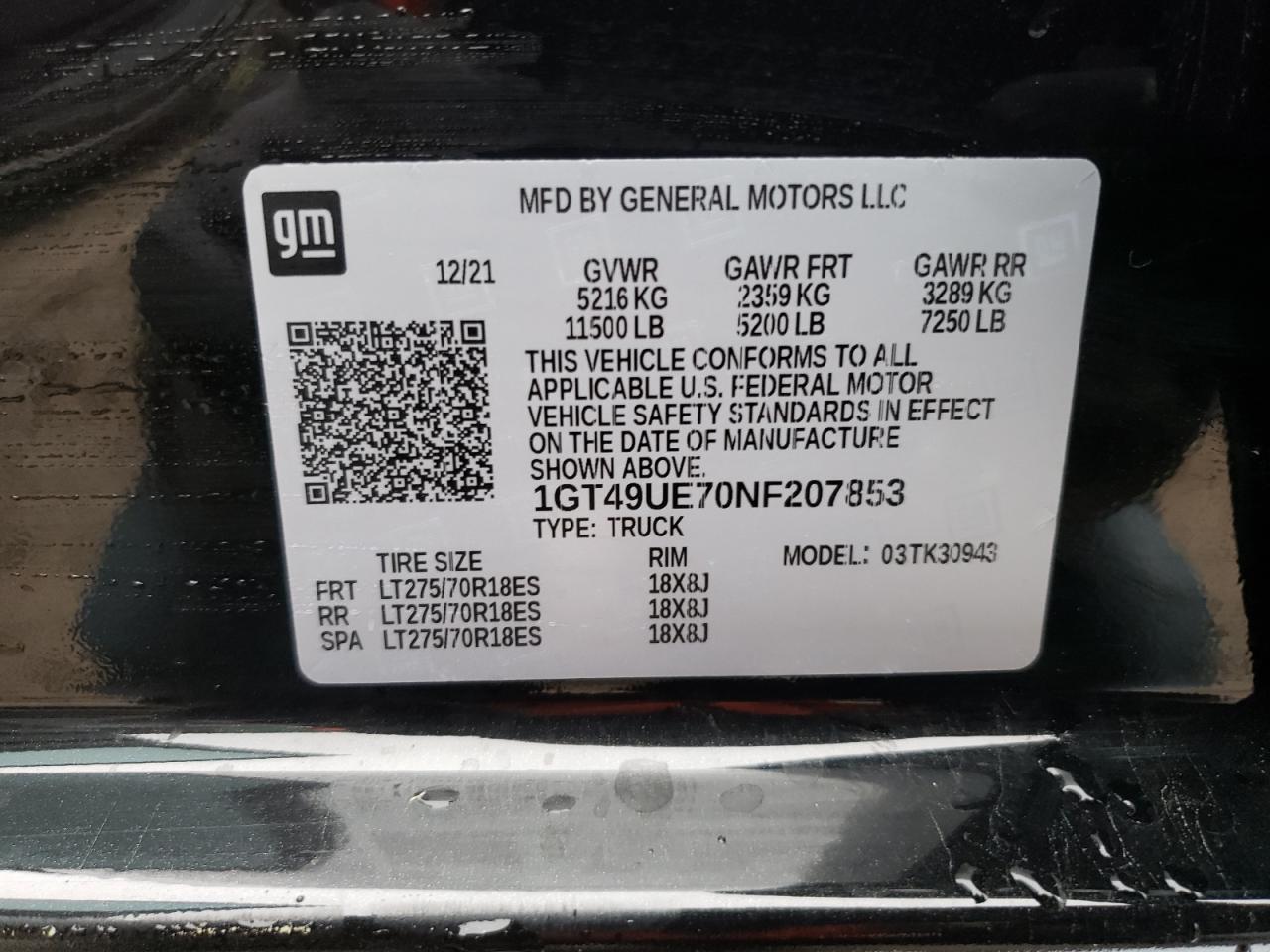 2022 GMC SIERRA K3500 SLT VIN:1GT49UE70NF207853