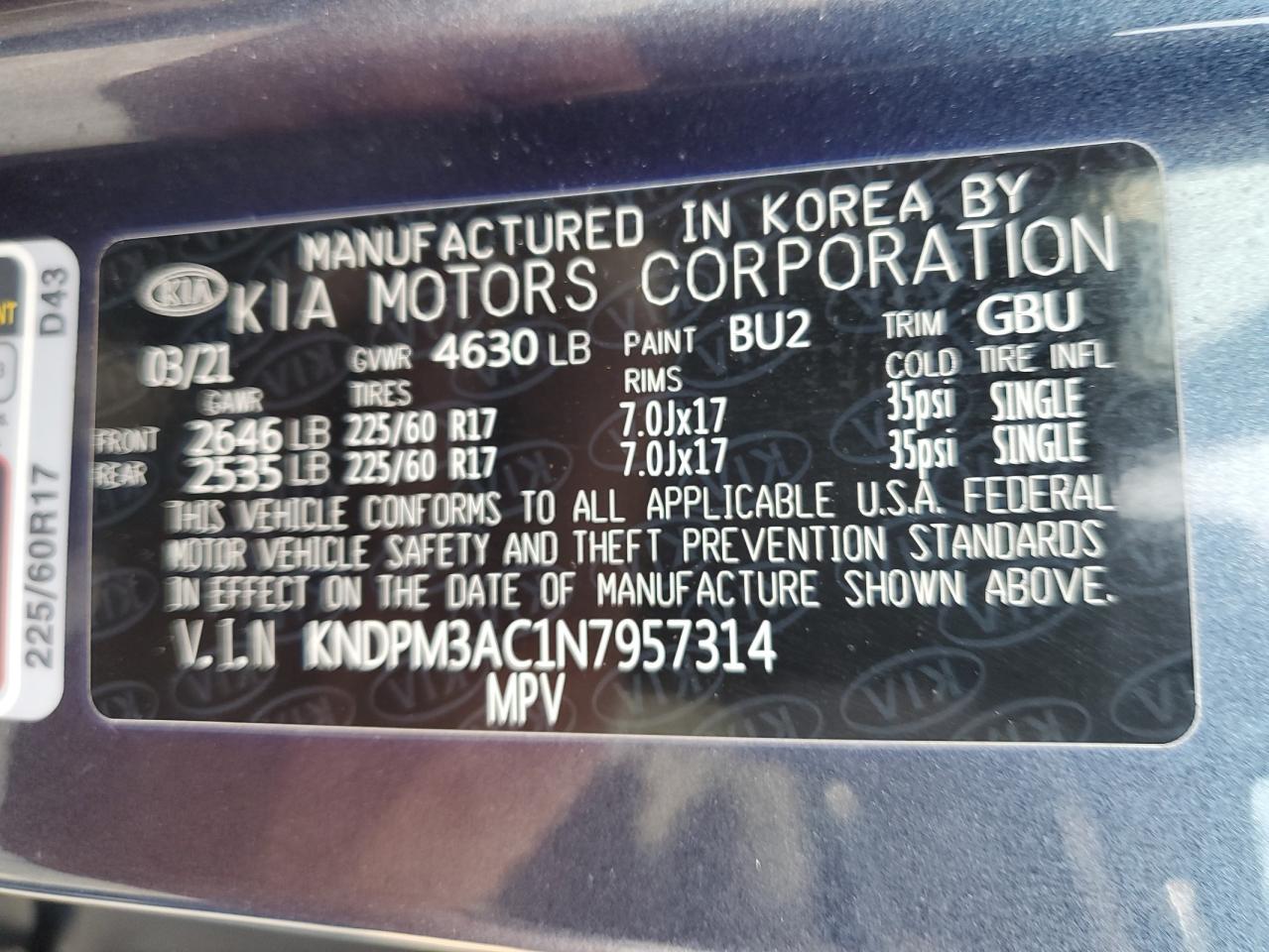 2022 KIA SPORTAGE LX VIN:KNDPM3AC1N7957314