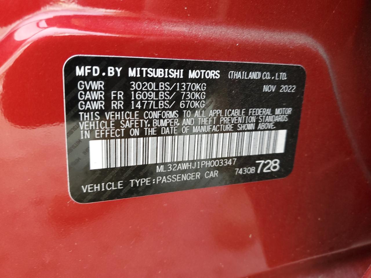 2023 MITSUBISHI MIRAGE SE VIN:ML32AWHJ1PH003347