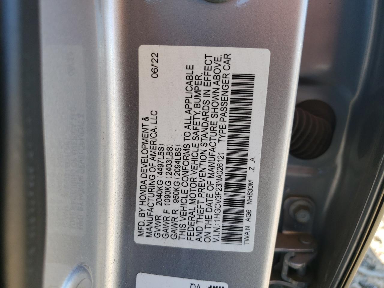 2022 HONDA ACCORD HYBRID SPORT VIN:1HGCV3F23NA026121