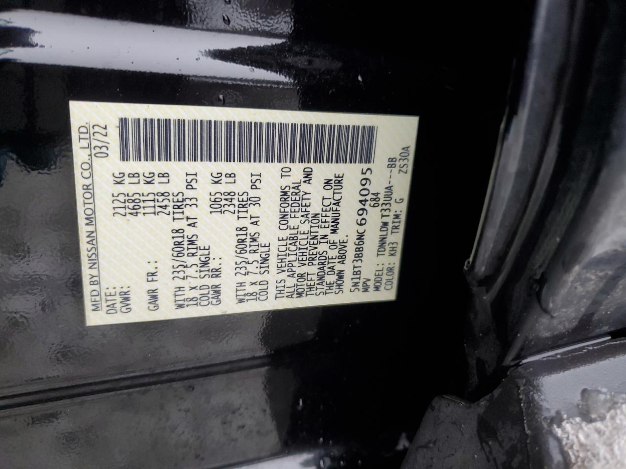 2022 NISSAN ROGUE SV VIN:5N1BT3BB6NC694095