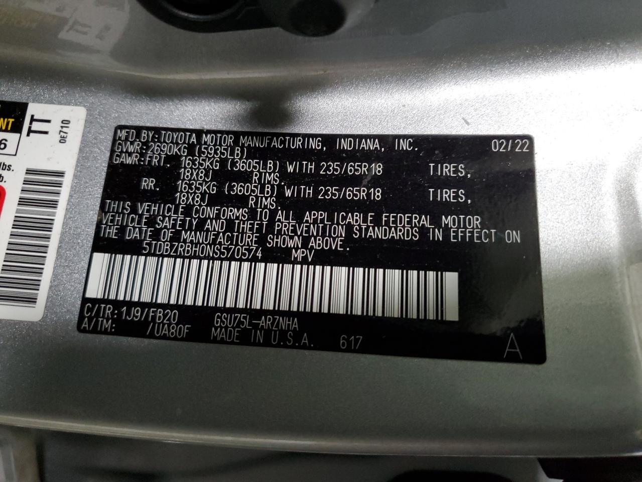 2022 TOYOTA HIGHLANDER L VIN:5TDBZRBH0NS570574