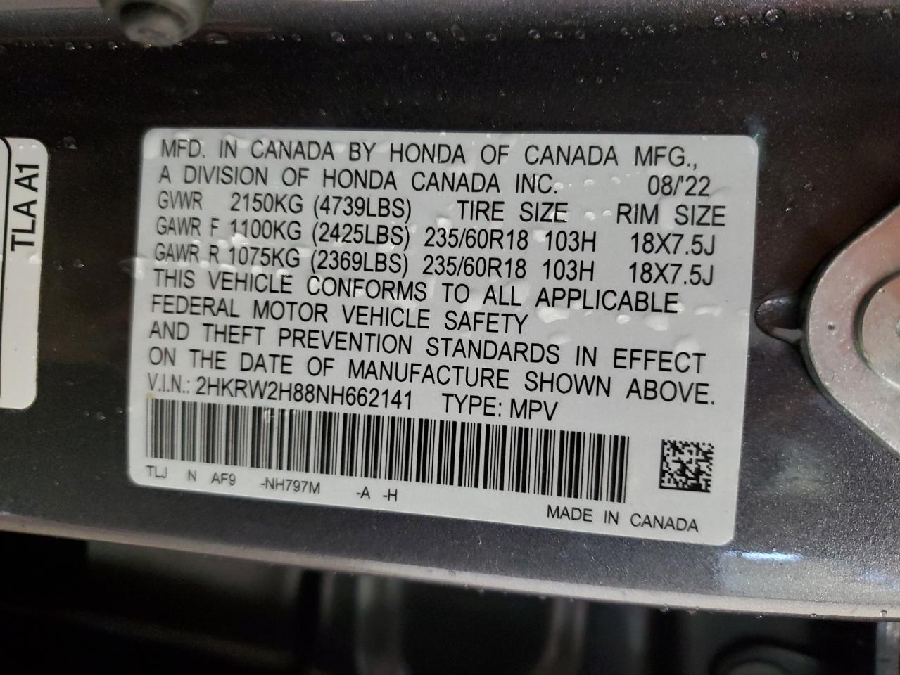 2022 HONDA CR-V EXL VIN:2HKRW2H88NH662141