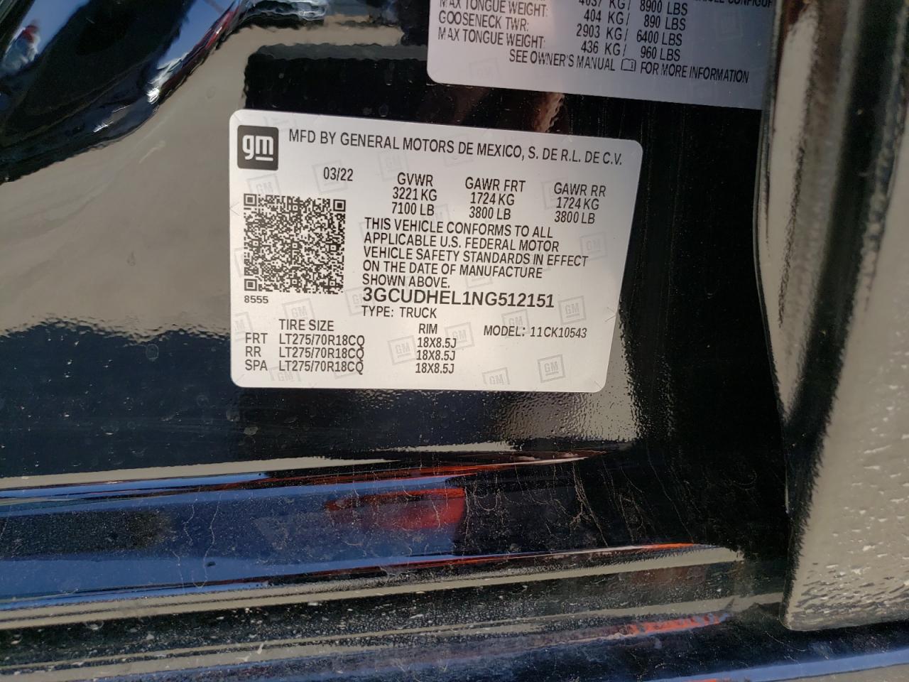 2022 CHEVROLET SILVERADO K1500 ZR2 VIN:3GCUDHEL1NG512151