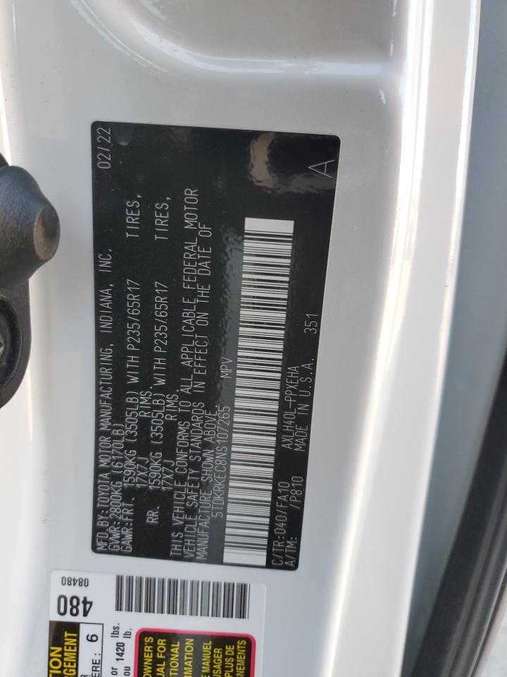 2022 TOYOTA SIENNA LE VIN:5TDKRKEC8NS107265