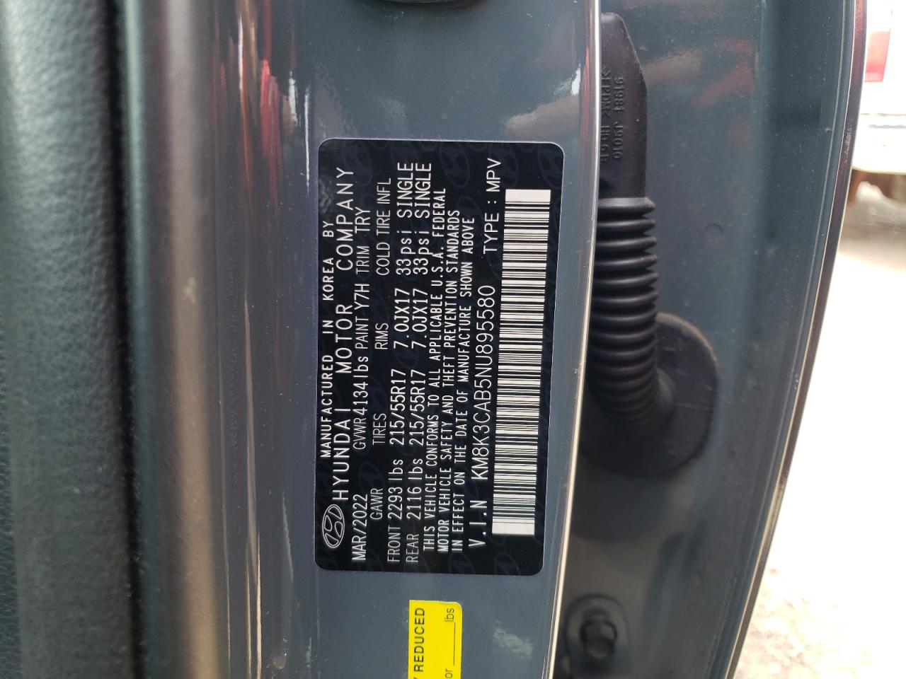 2022 HYUNDAI KONA SEL VIN:KM8K3CAB5NU895580
