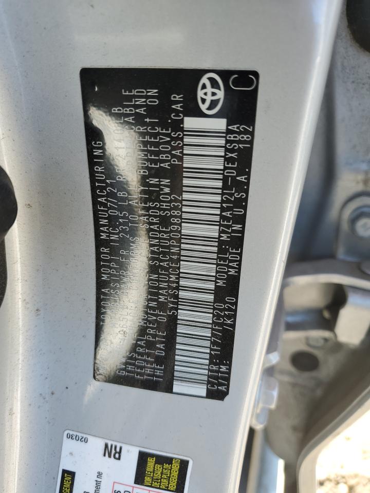 2022 TOYOTA COROLLA SE VIN:5YFS4MCE4NP098832