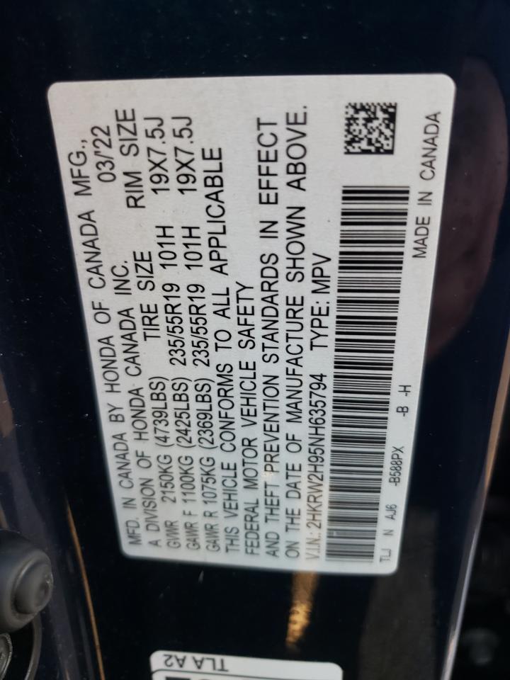 2022 HONDA CR-V TOURING VIN:2HKRW2H95NH635794