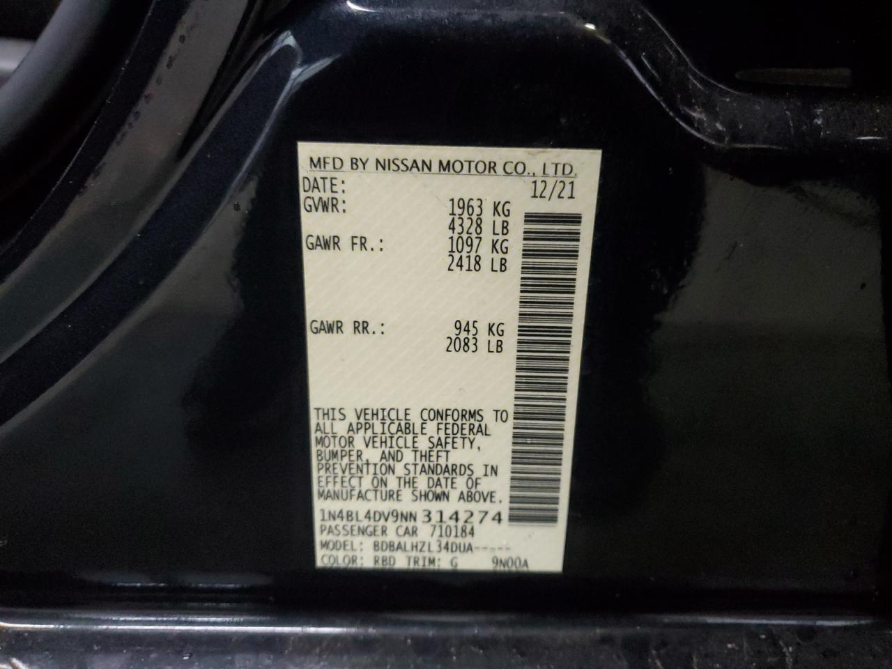 2022 NISSAN ALTIMA SV VIN:1N4BL4DV9NN314274