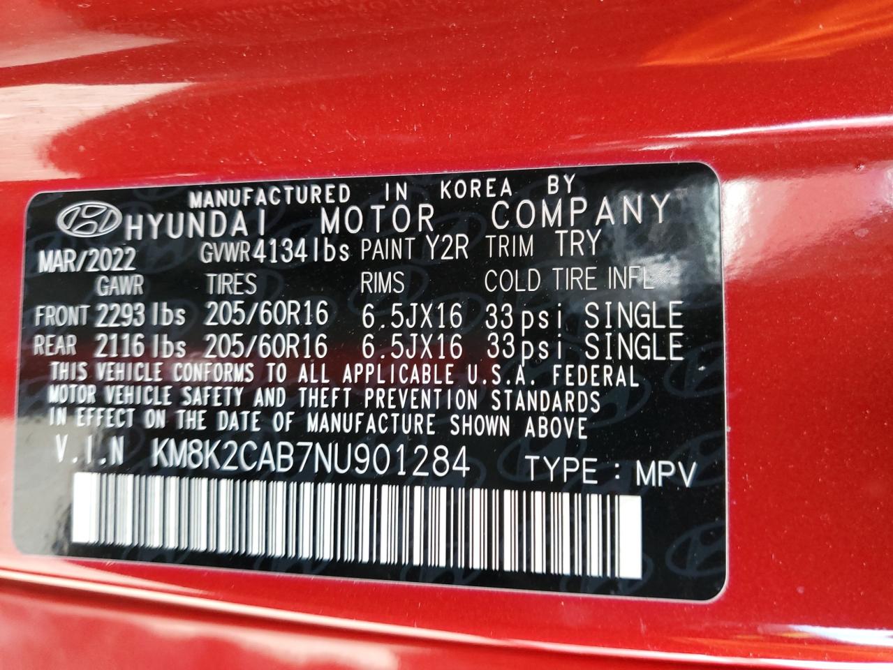 2022 HYUNDAI KONA SEL VIN:KM8K2CAB7NU901284