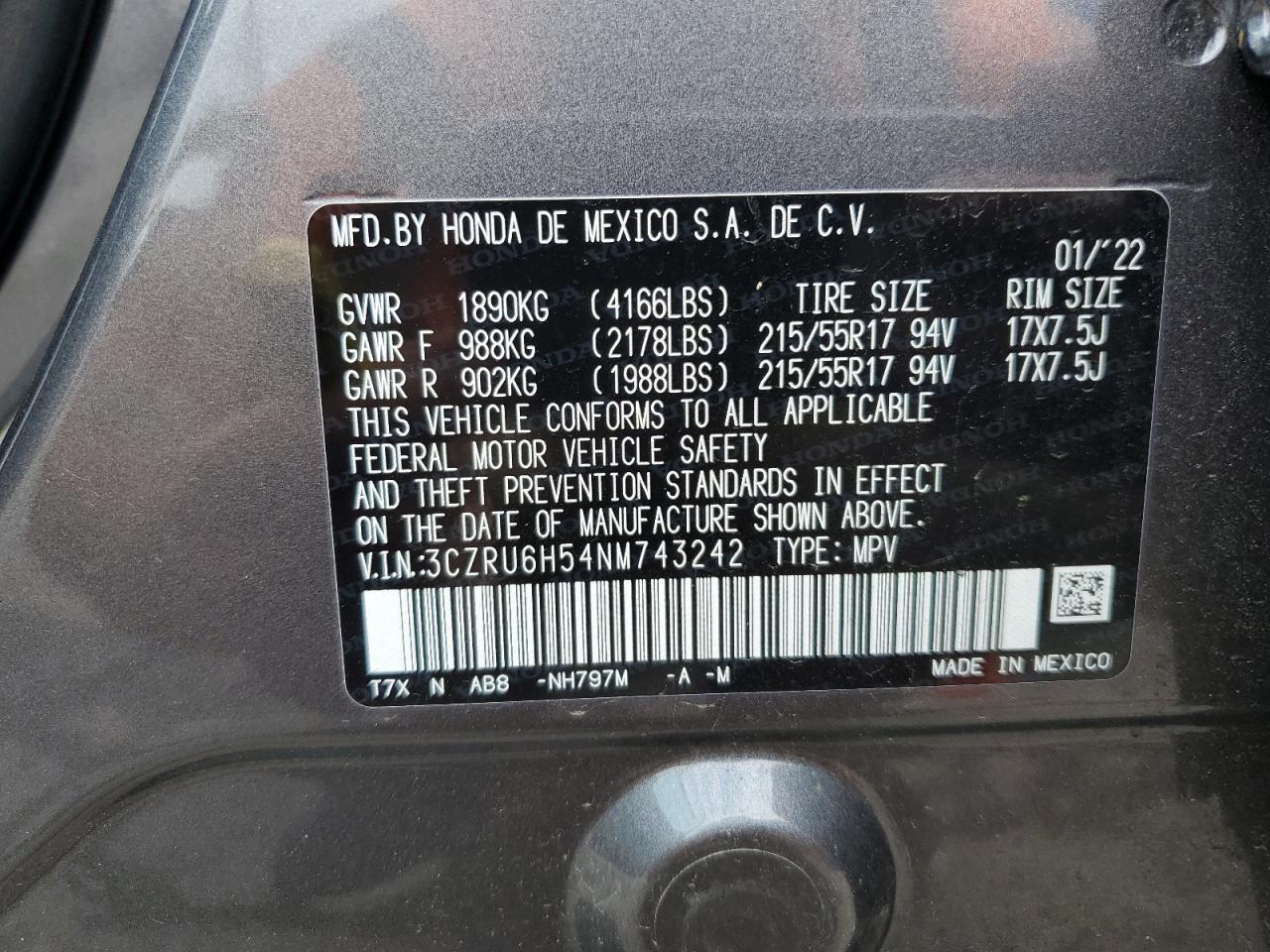 2022 HONDA HR-V EX VIN:3CZRU6H54NM743242