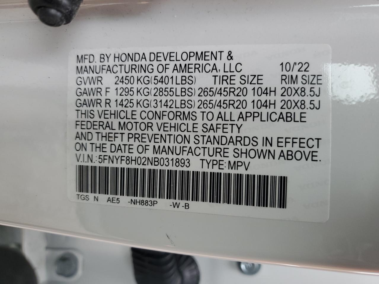 2022 HONDA PASSPORT ELITE VIN:5FNYF8H02NB031893