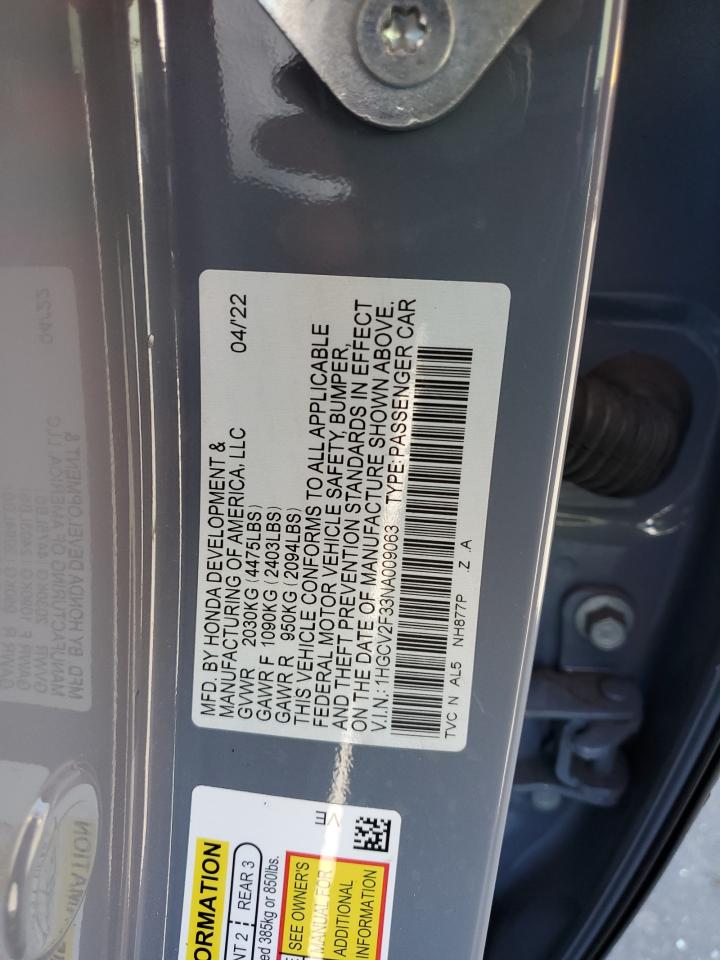 2022 HONDA ACCORD SPORT VIN:1HGCV2F33NA009063