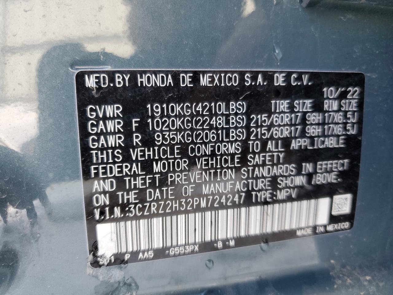 2023 HONDA HR-V LX VIN:3CZRZ2H32PM724247
