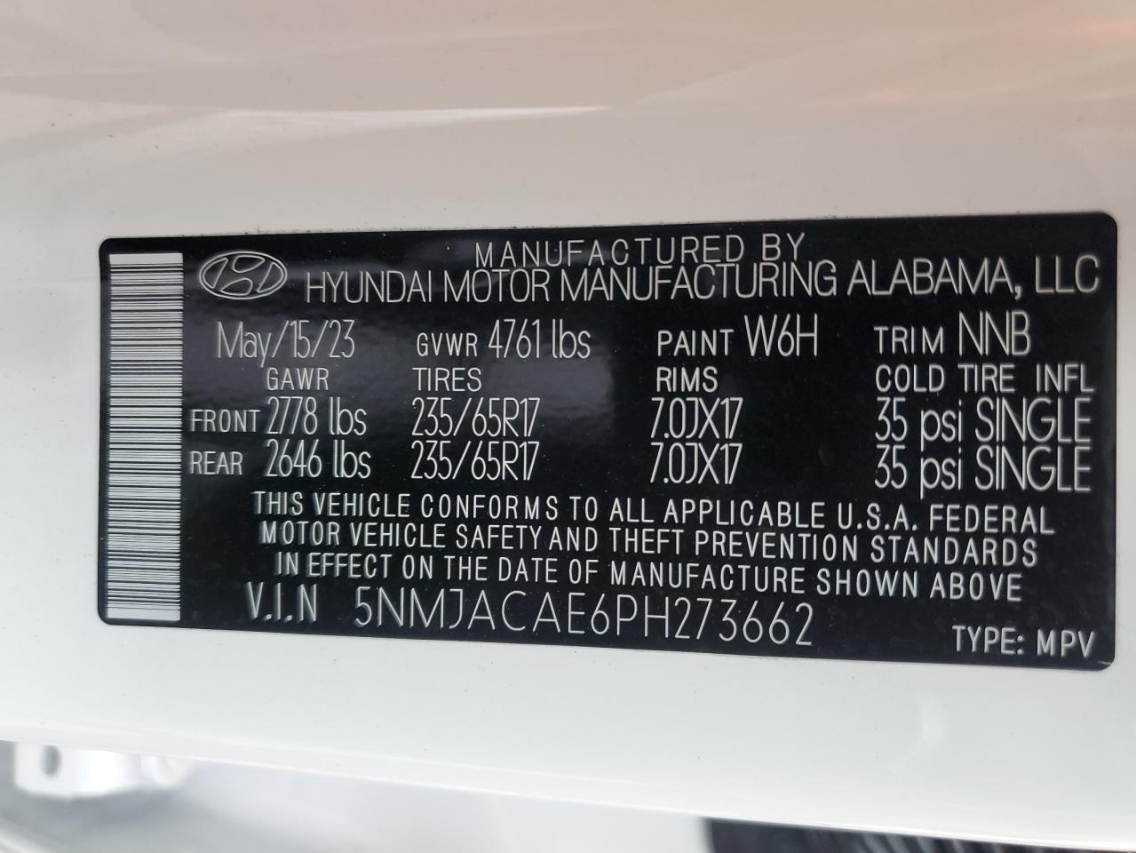 2023 HYUNDAI TUCSON SE VIN:5NMJACAE6PH273662