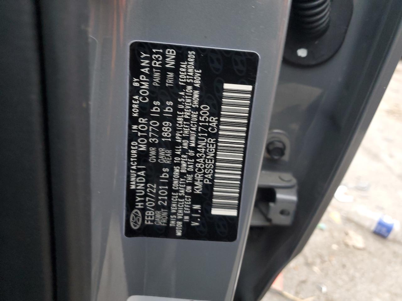 2022 HYUNDAI VENUE SEL VIN:KMHRC8A34NU171500